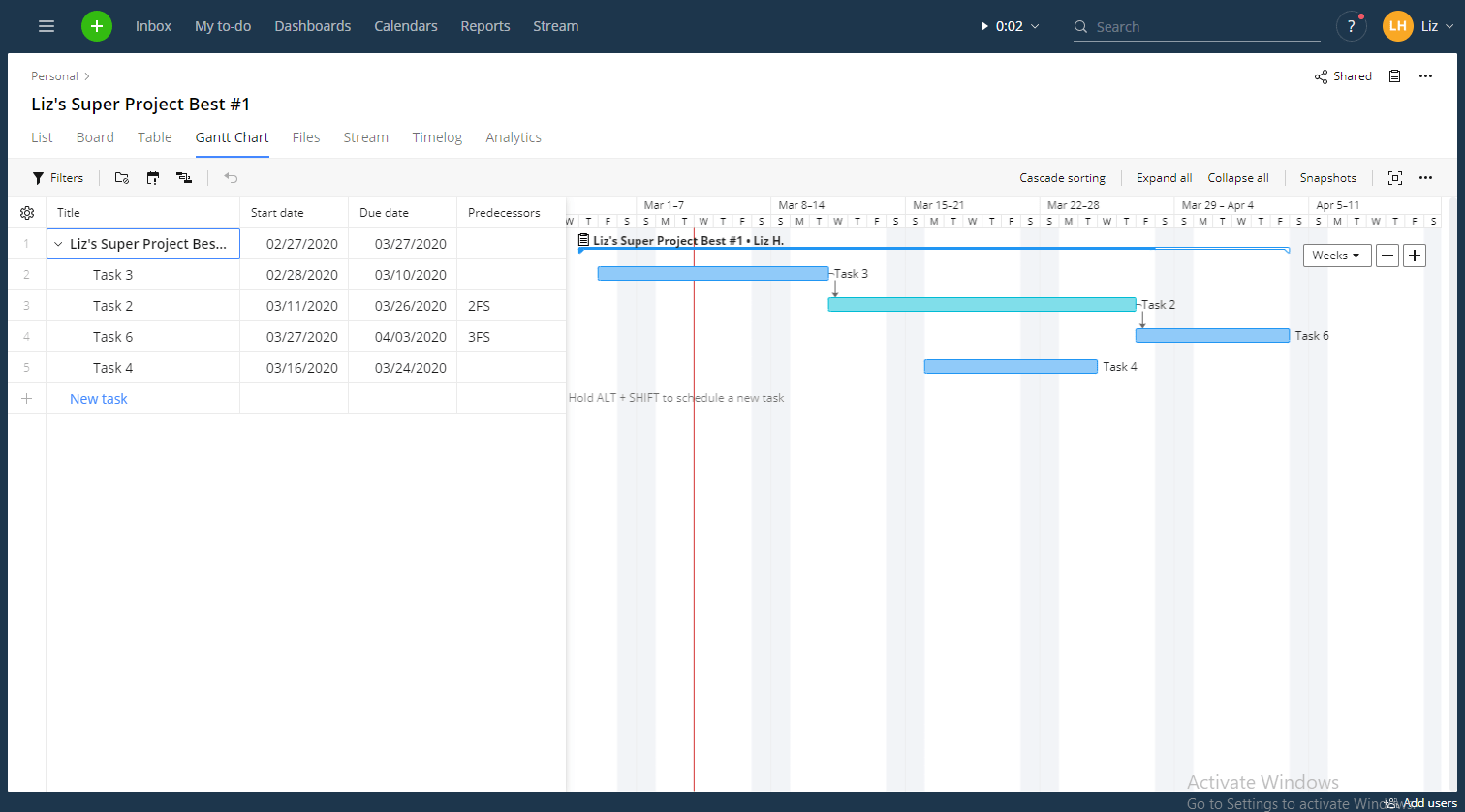 Wrike Gantt chart with due dates and dependencies