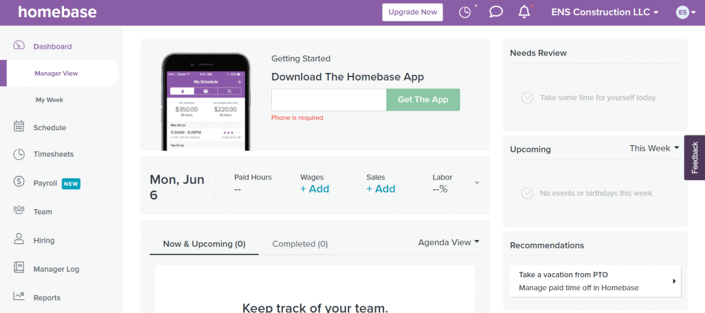 screenshot of the homebase dashboard