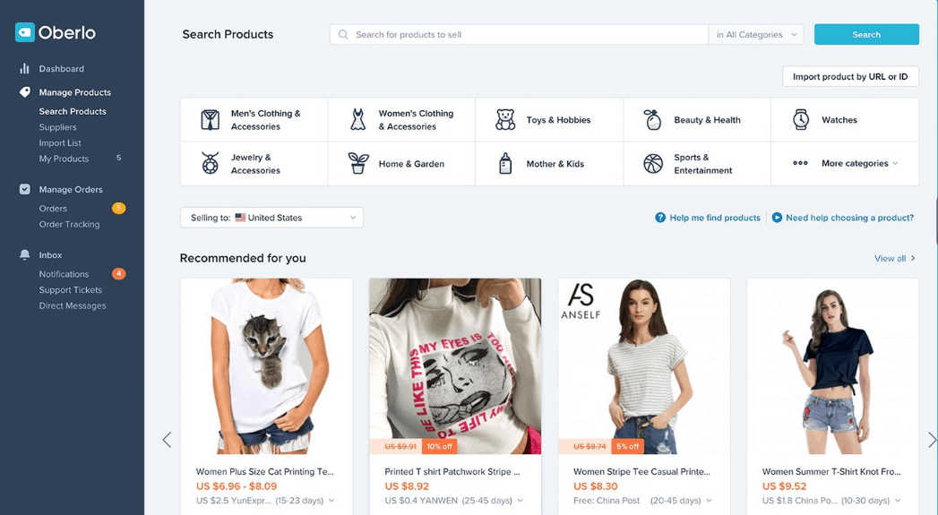 Oberlo Dashboard: Best Shopify dropshipping apps