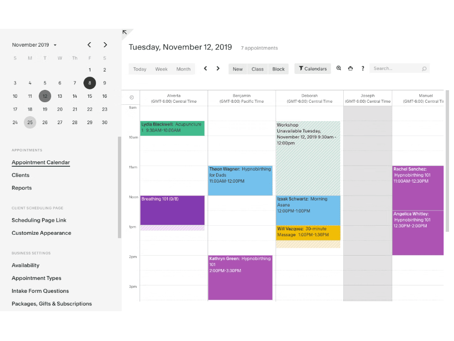 Screengrab of Acuity Scheduling calendar page