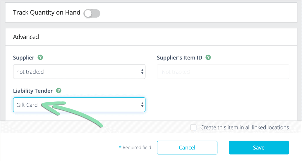 shopkeep backoffice add gift card item liability tender screenshot