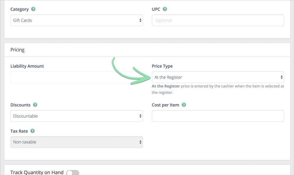 shopkeep add gift card item price type screenshot