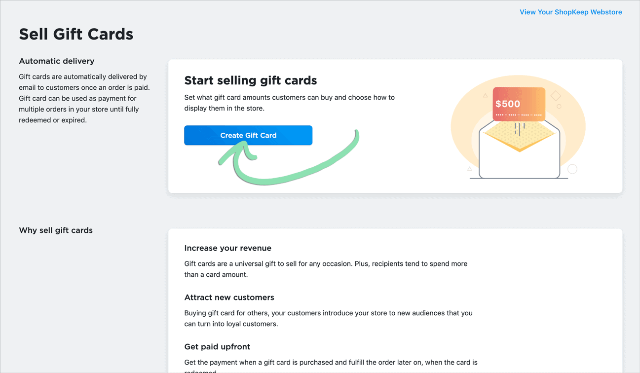 shopkeep ecommerce create gift card button