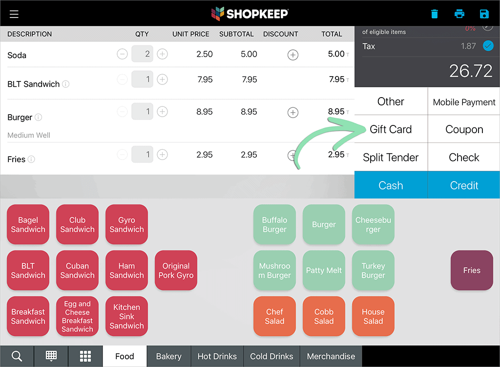 shopkeep register select gift card tender screenshot