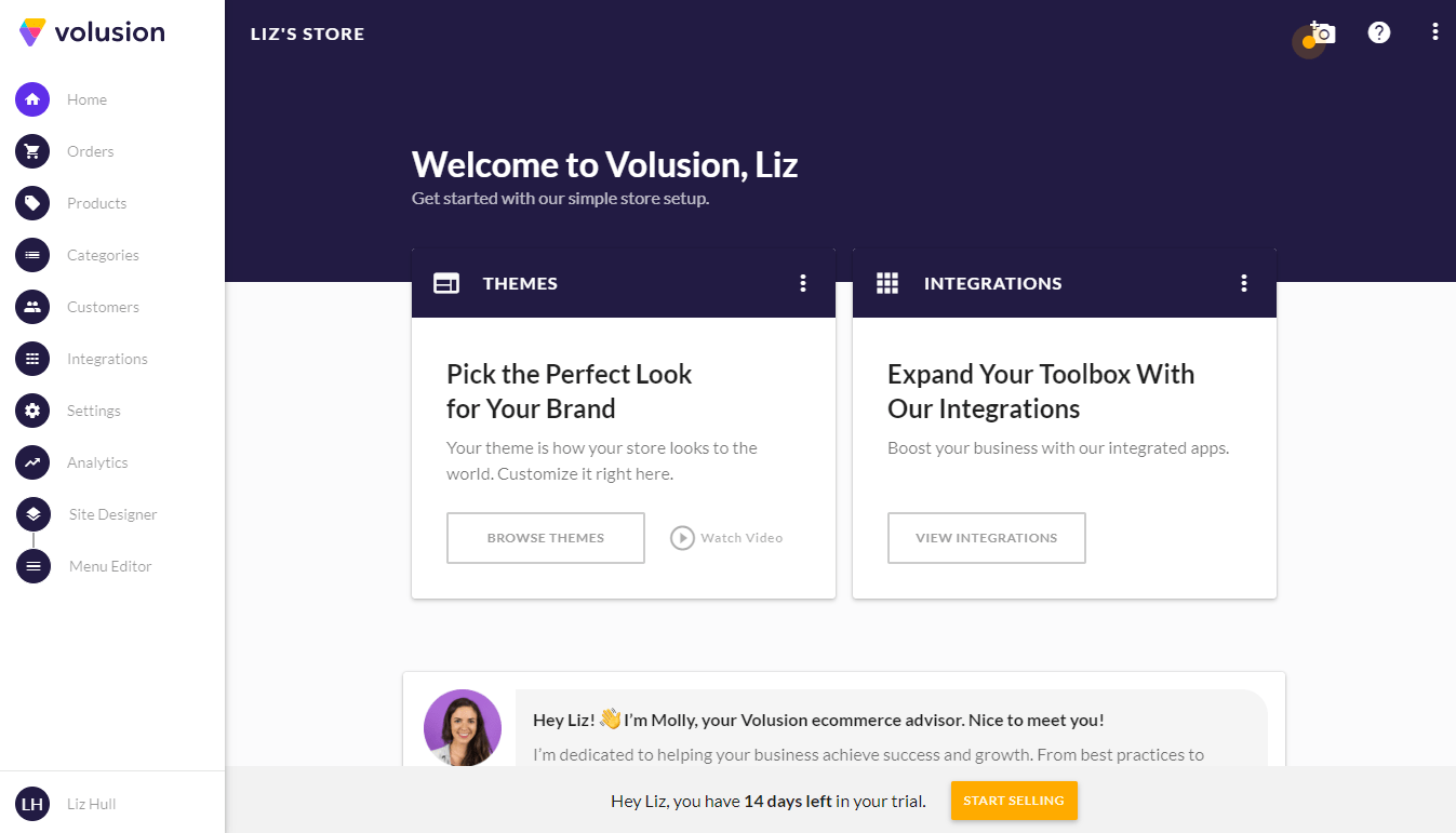Screengrab of Volusion dashboard