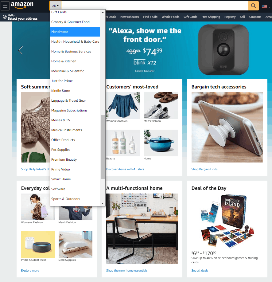 Screengrab showing Amazon's search menu