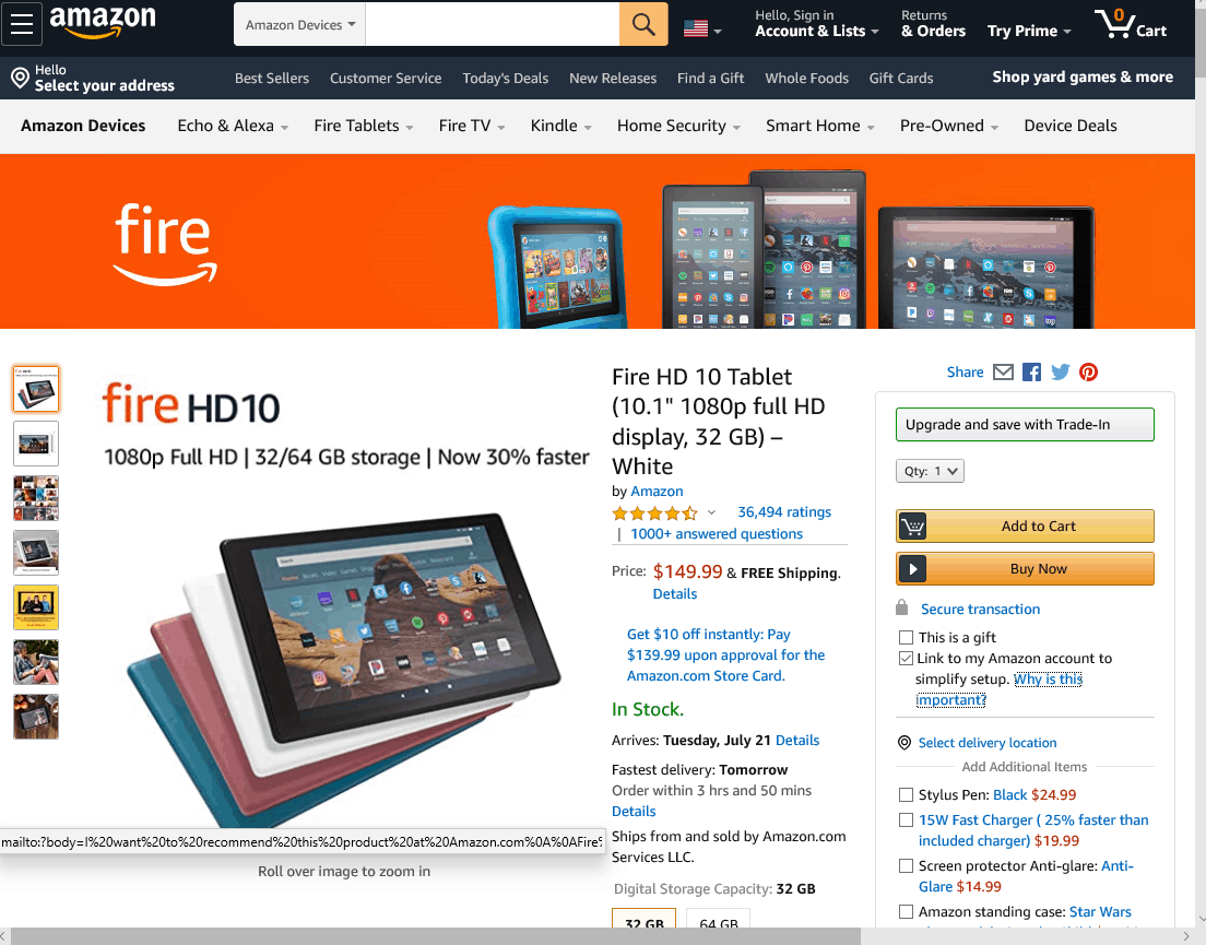 Screengrab of Amazon landing page shows how to make your return policy visible on your site