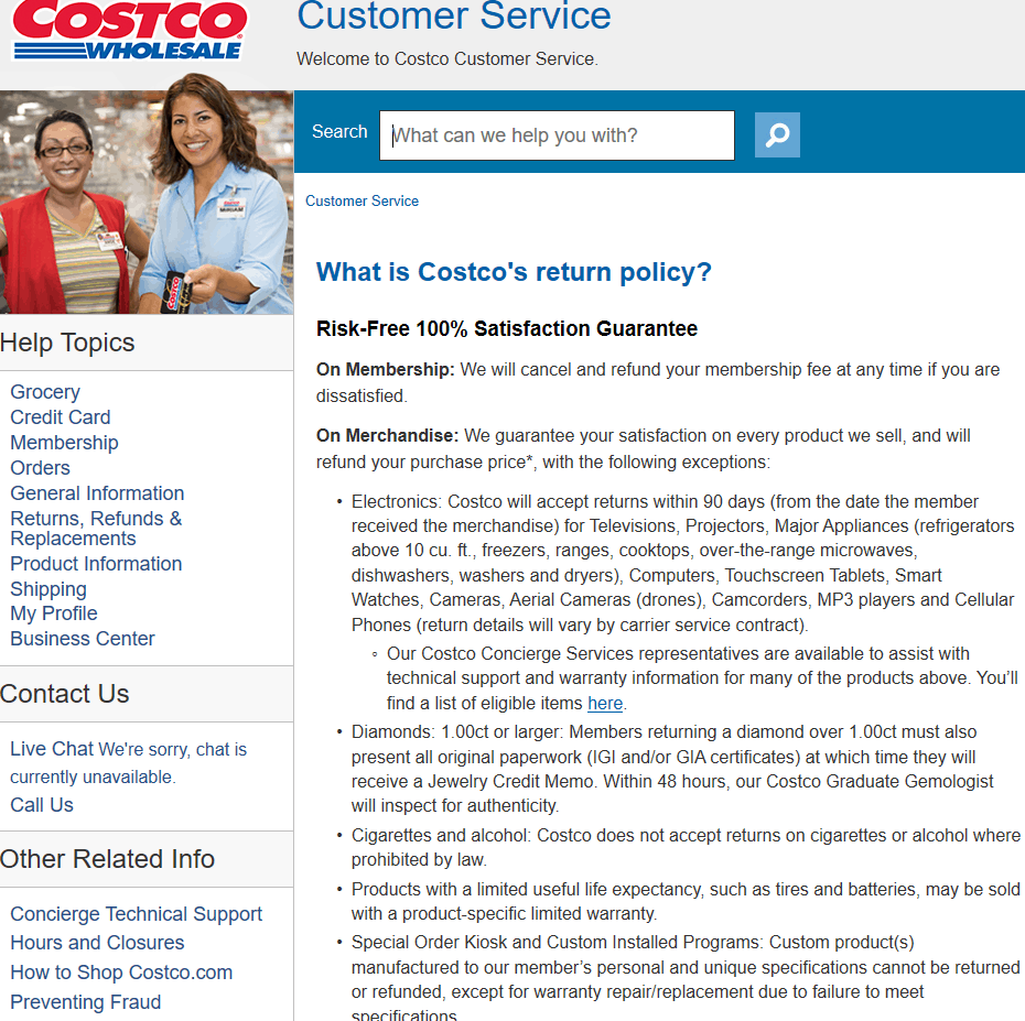 Screengrab of Costco.com offers a good example of the level of detail needed when you consider how to create a return policy