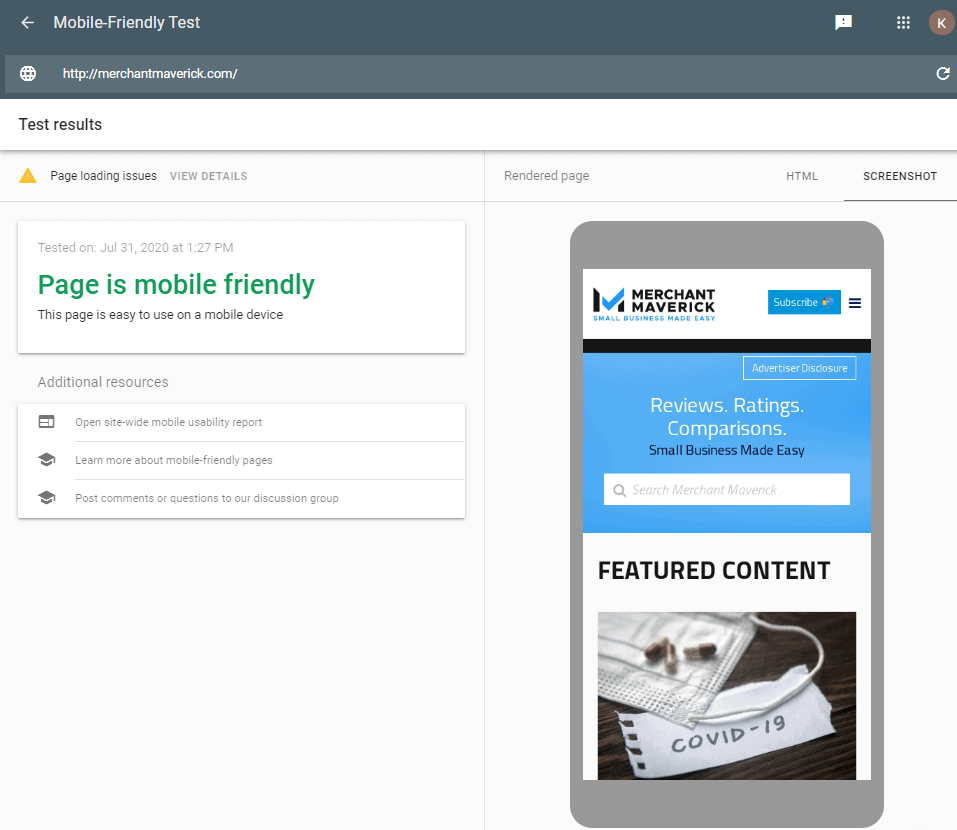 Screengrab of Google Mobile-Friendly Test results