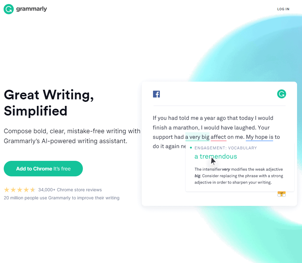Screengrab of Grammerly landing page