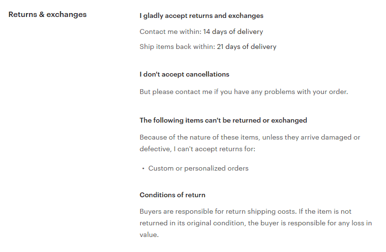 Screengrab of Etsy's MinimaMaximaShop shows how to create a return policy that inspires confident shopping
