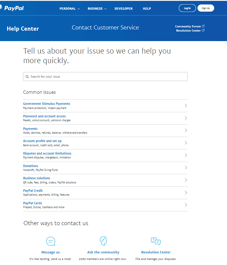 Screengrab of PayPal contact page