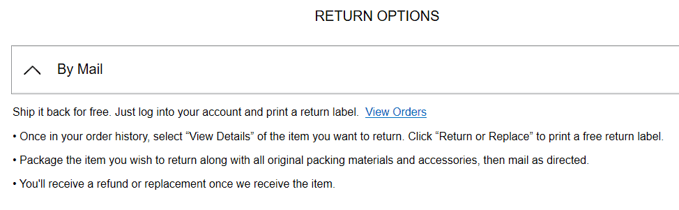 Screengrab from WalMart shows how to add clarity when you consider how to create a return policy