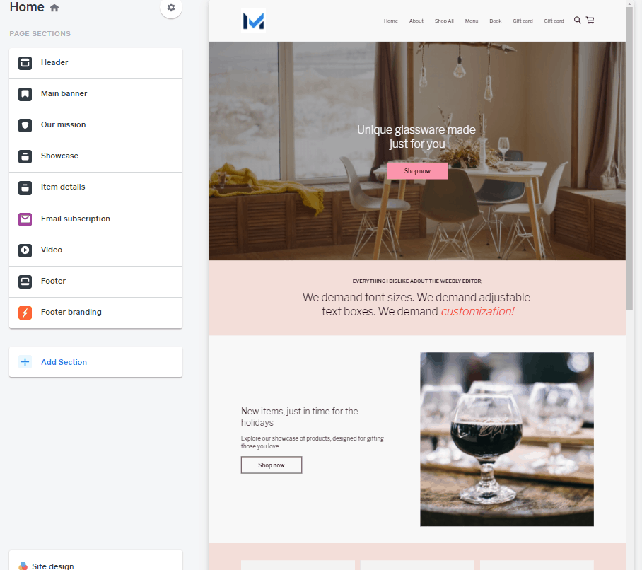 Screengrab of Square Online storefront design page