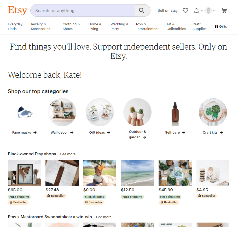 Screengrab of Etsy home page