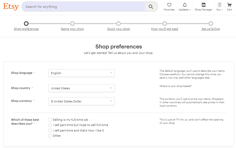 Screengrab of Etsy signup page