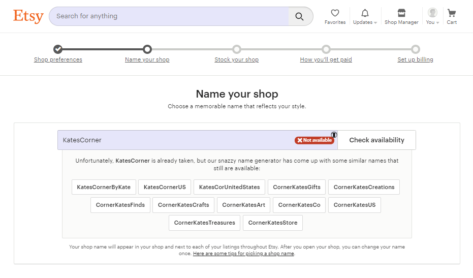 Screengrab of Etsy name generator