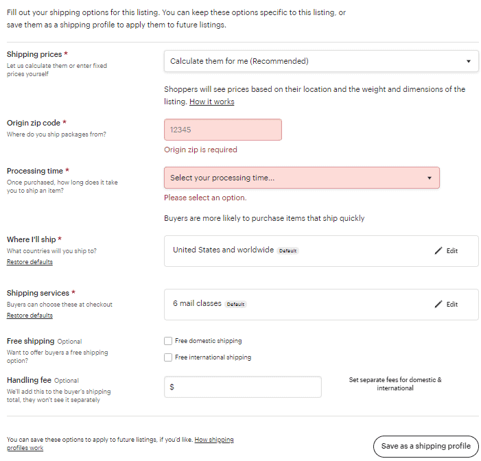 Screengrab of Etsy pricing options