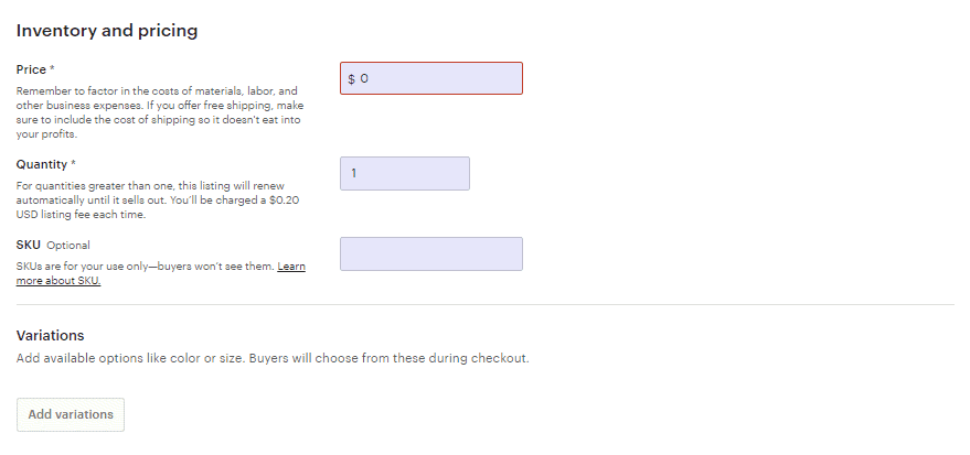 Screengrab of Etsy pricing page