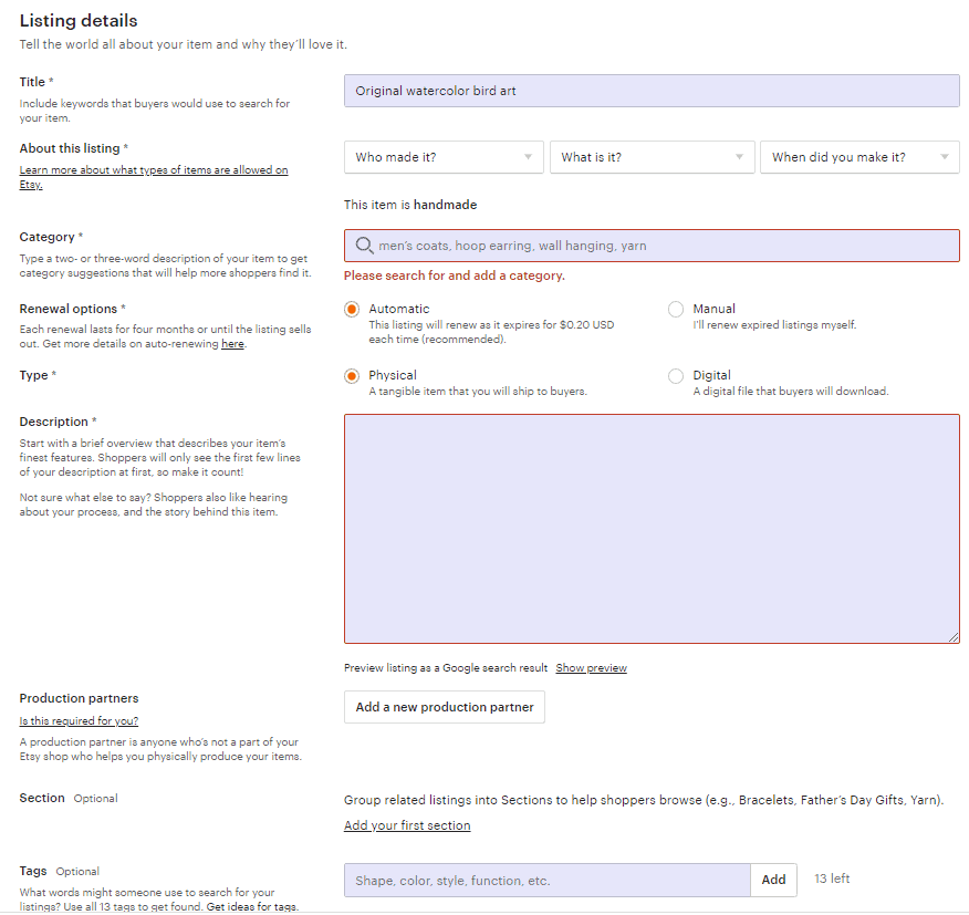 Screengrab of Etsy product listing page
