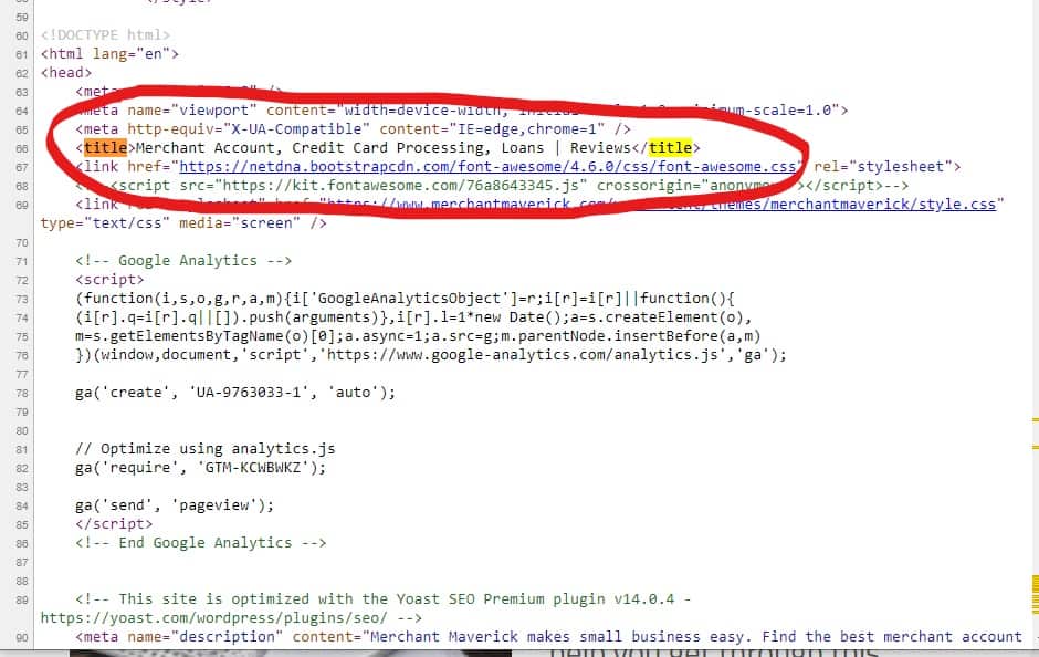 Screengrab of page source showing title