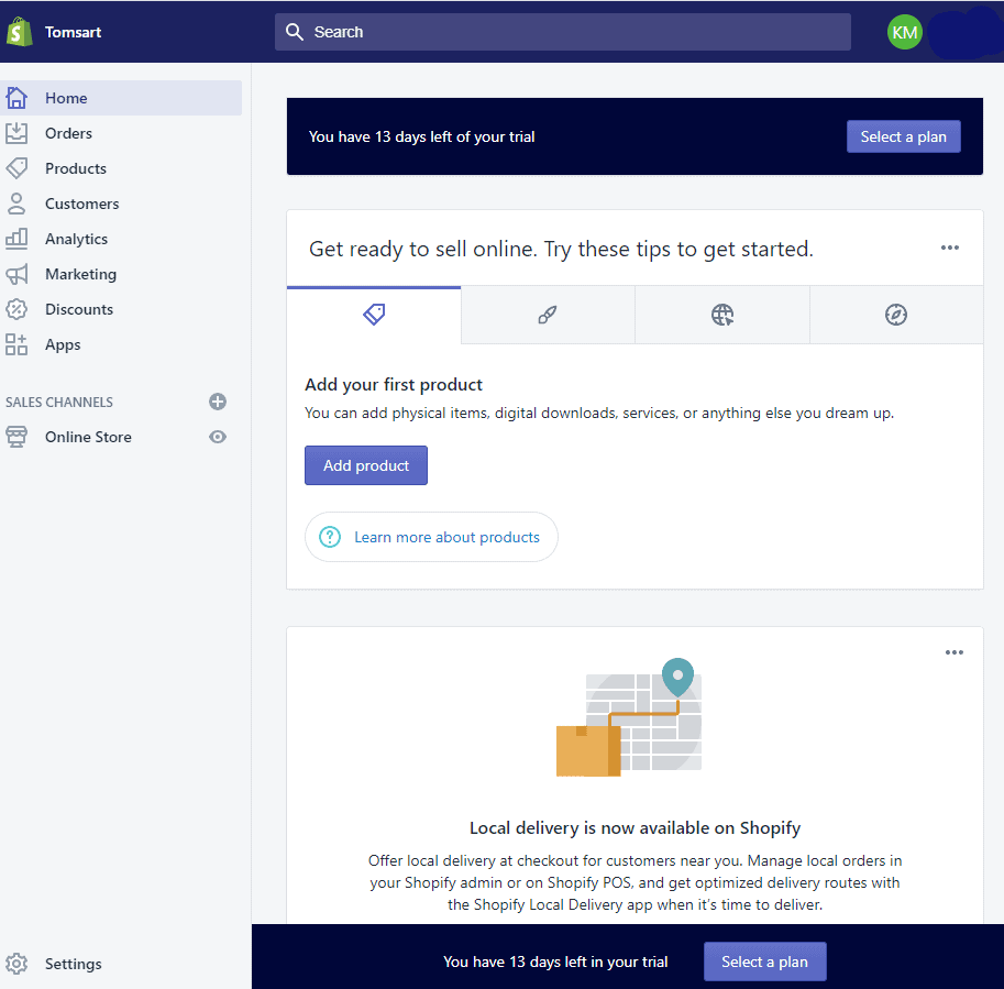 Screengrab of Shopify admin