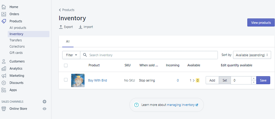 Screengrab of Shopify inventory page