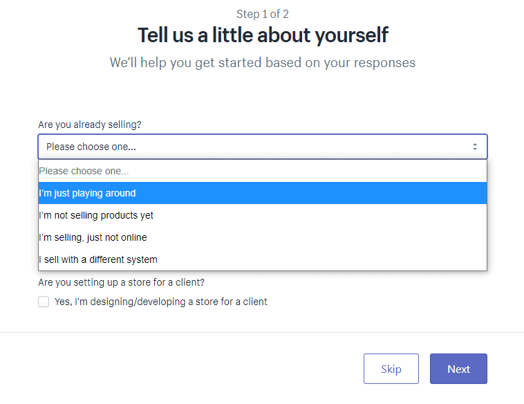 Screengrab of Shopify setup page
