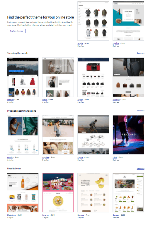 Screengrab of Shopify themes