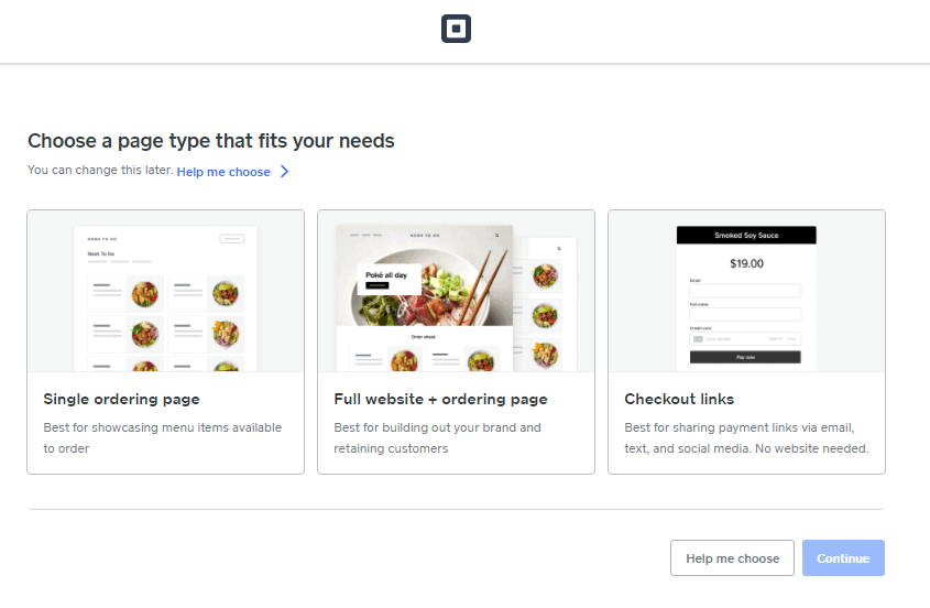 Screengrab of Square Online page choices