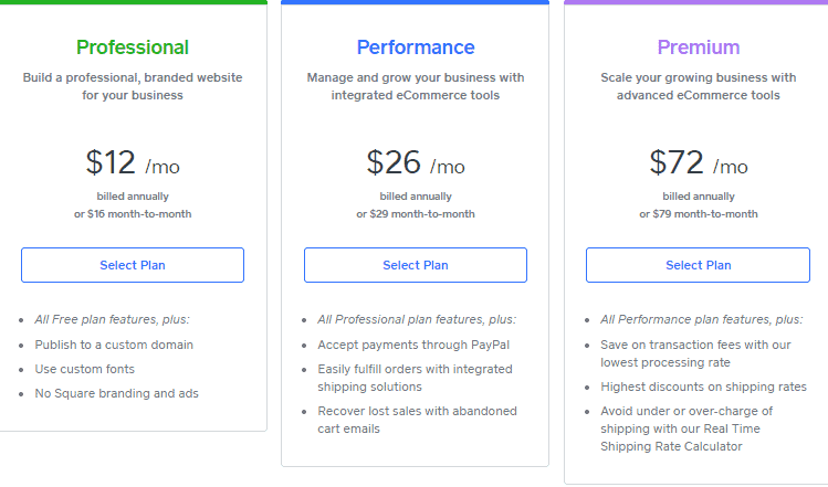 Screengrab showing Square Online paid plans