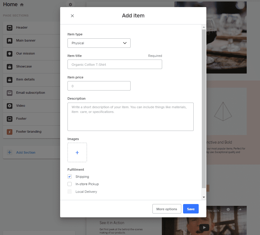 Square online store's add product screen