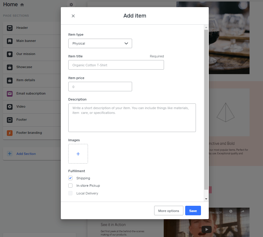 Square Online storefront's add item page