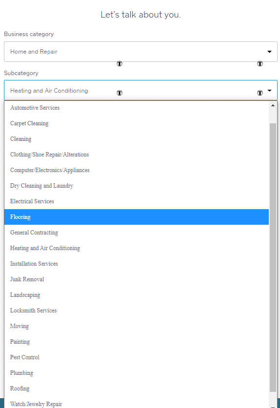 Screengrab showing Square Online business subcategories