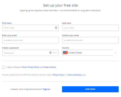 Screengrab of Square Online store signup form