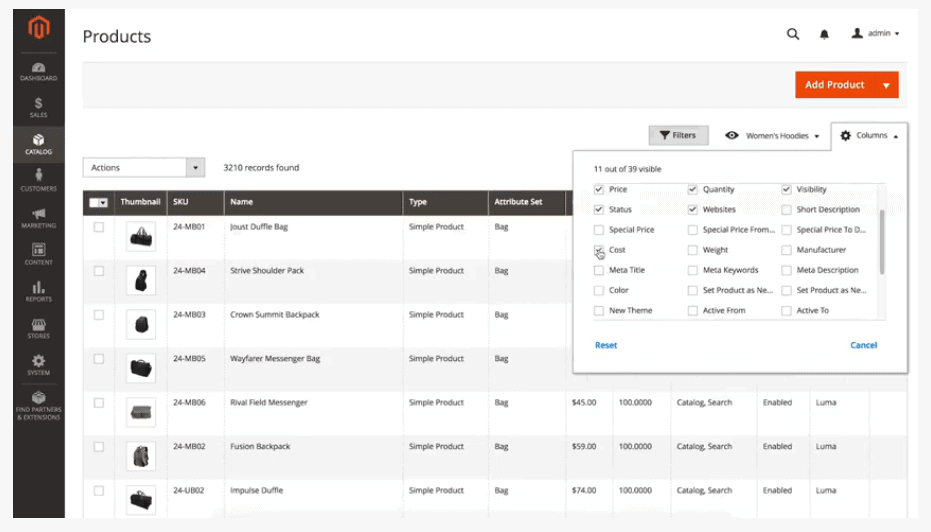 Screengrab showing product filters available in Magento's admin
