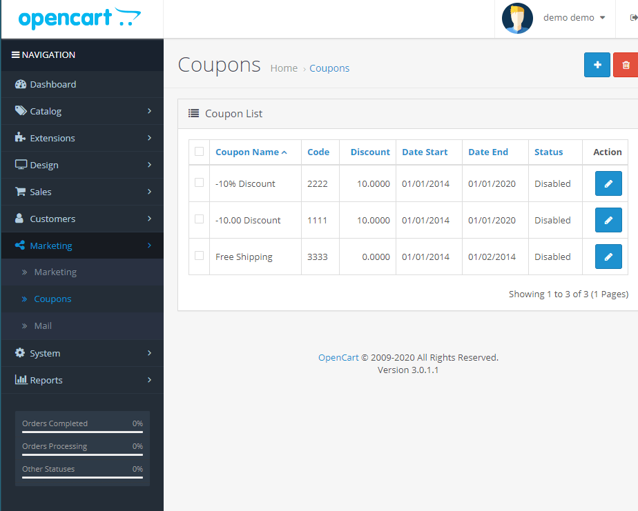 Screengrab hiển thị các tùy chọn phiếu giảm giá OpenCart