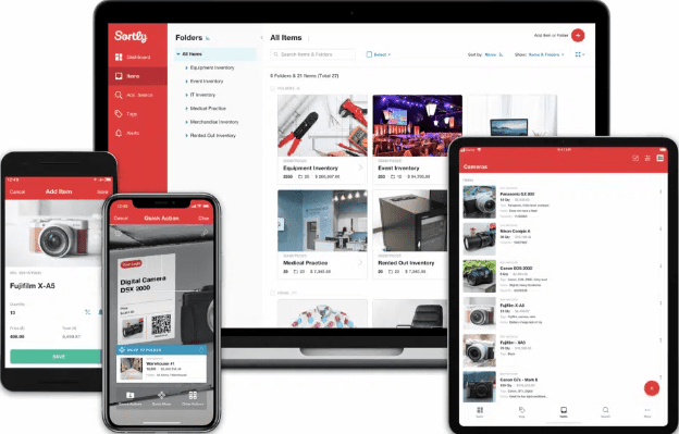Sortly's mobile and desktop interfaces