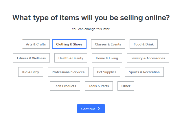 Screengrab showing how to choose a sales category when building a Weebly online store