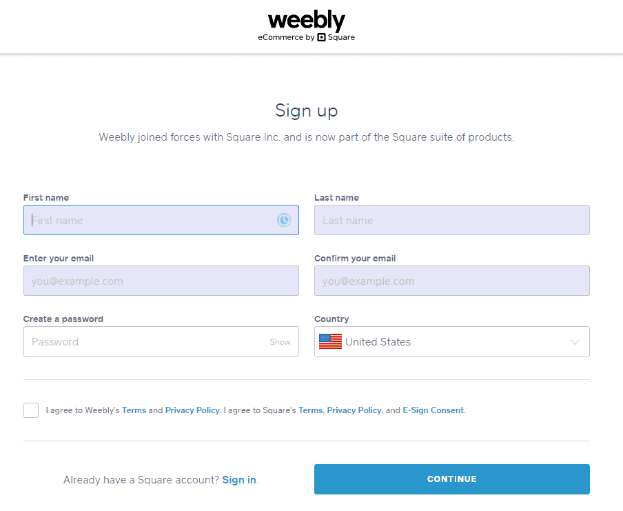 Screengrab of signup page for creating a Weebly website