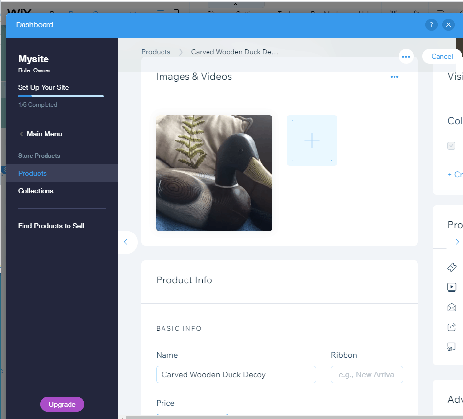 Screengrab showing how to add products to your Wix webstore