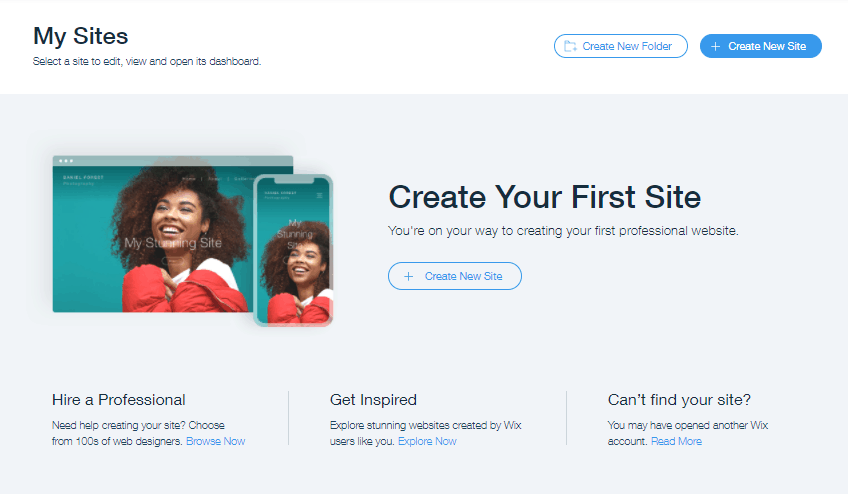 Screengrab showing start page as first step in how to build a Wix website