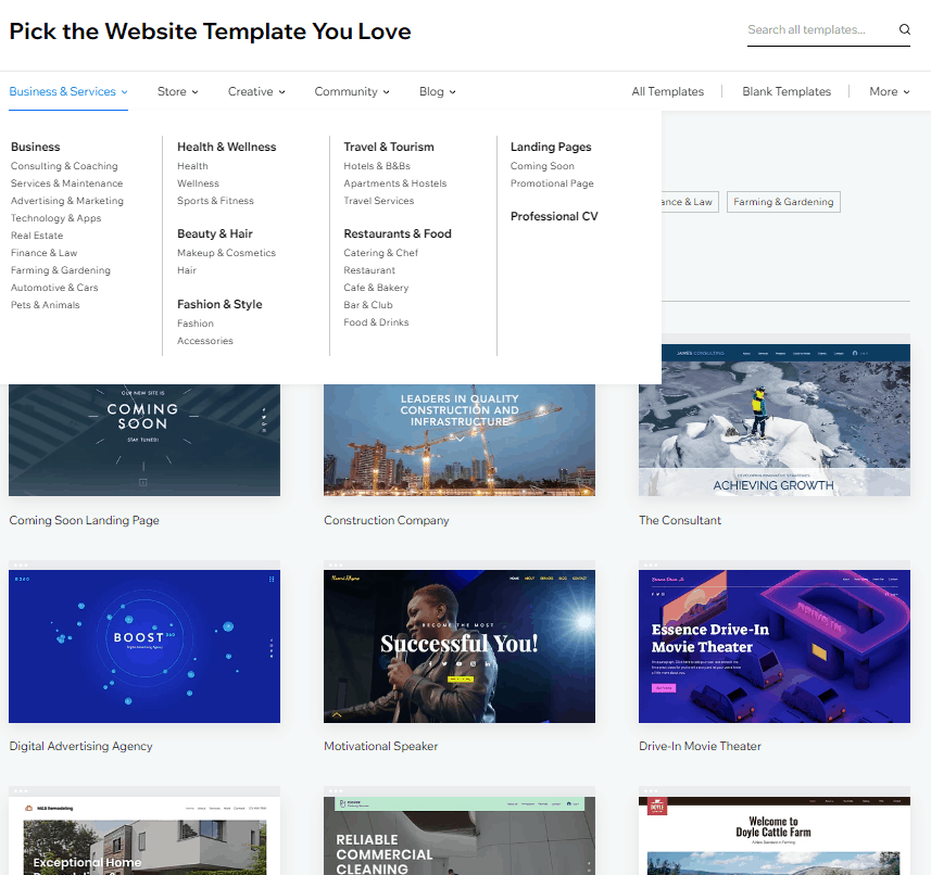 Screengrab showing categories choices you can consider as you plan how to design your Wix website