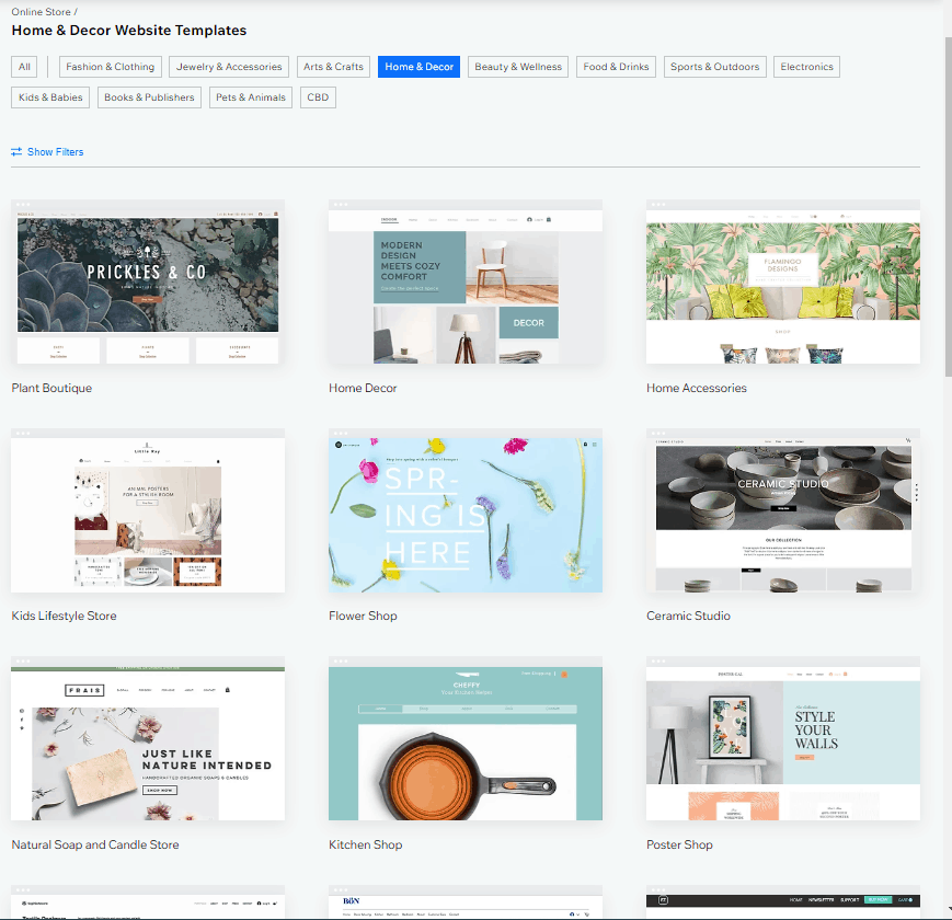 Screengrab showing how to pick a template for your Wix webstore