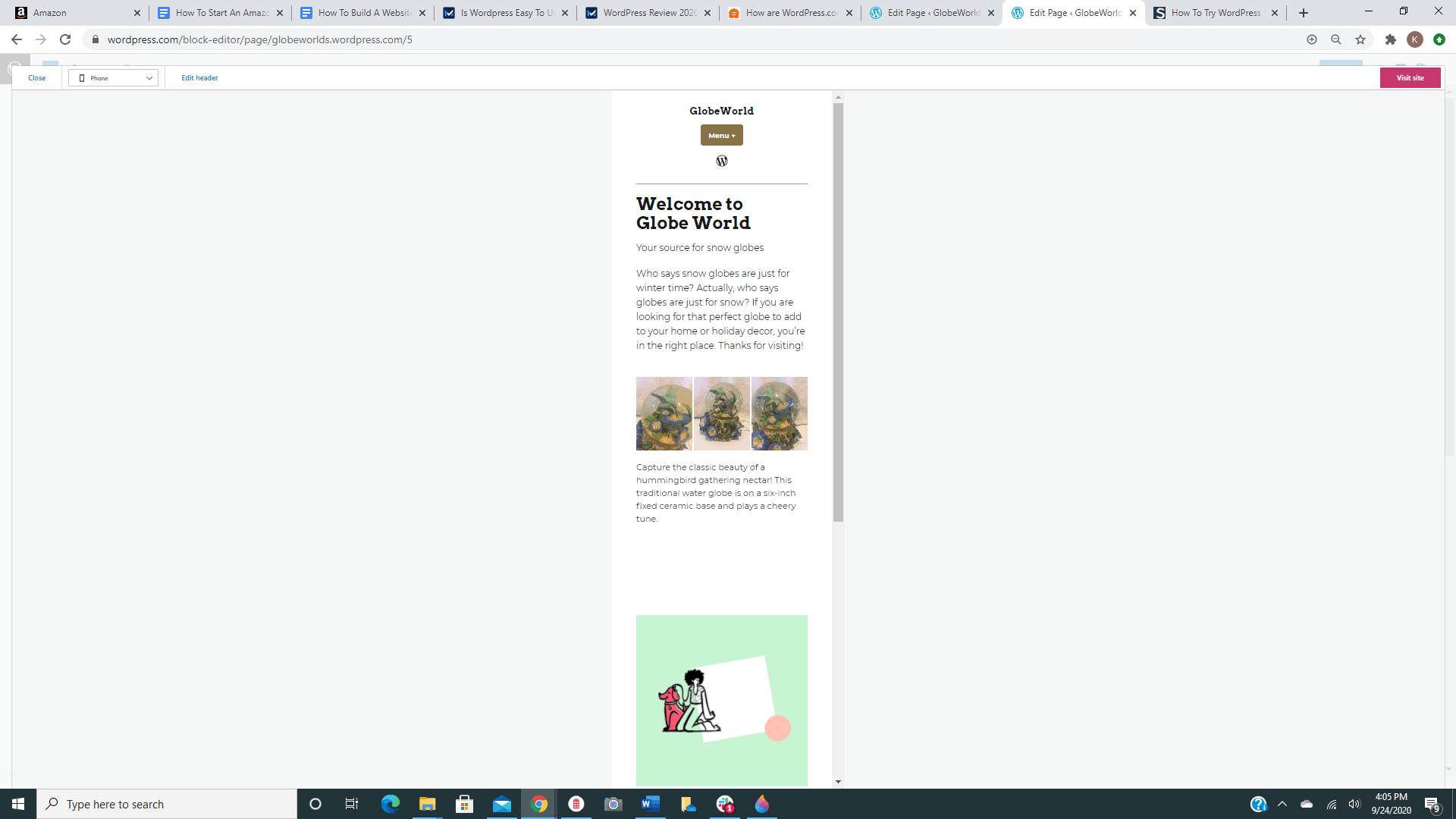 Screengrab showing how to create a WordPress web[age