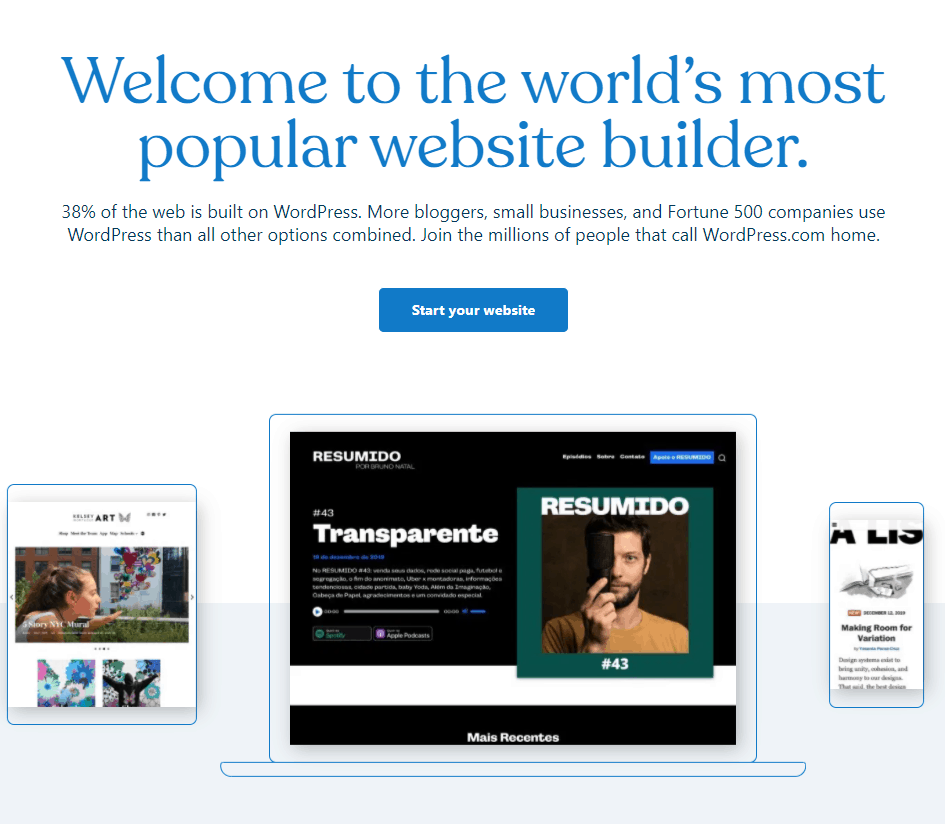 Screengrab of WordPress webpage showing the first step in how to create a WordPress webpage