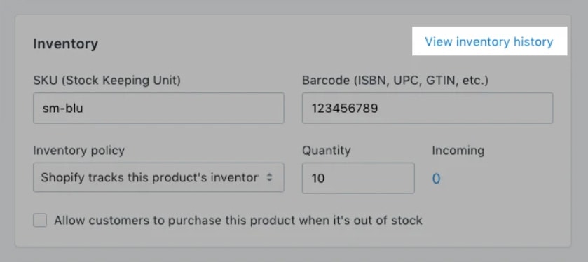 Screengrab of Shopify inventory management page