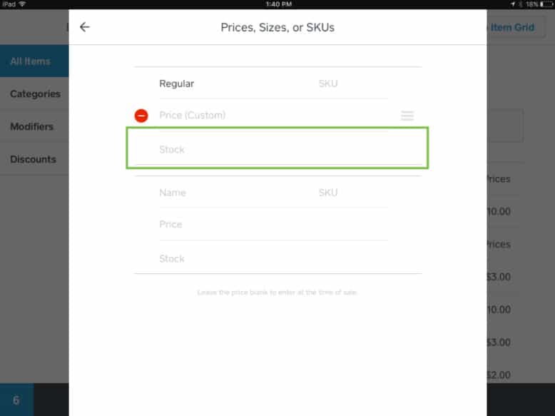 Screengrab of Square's inventory management page