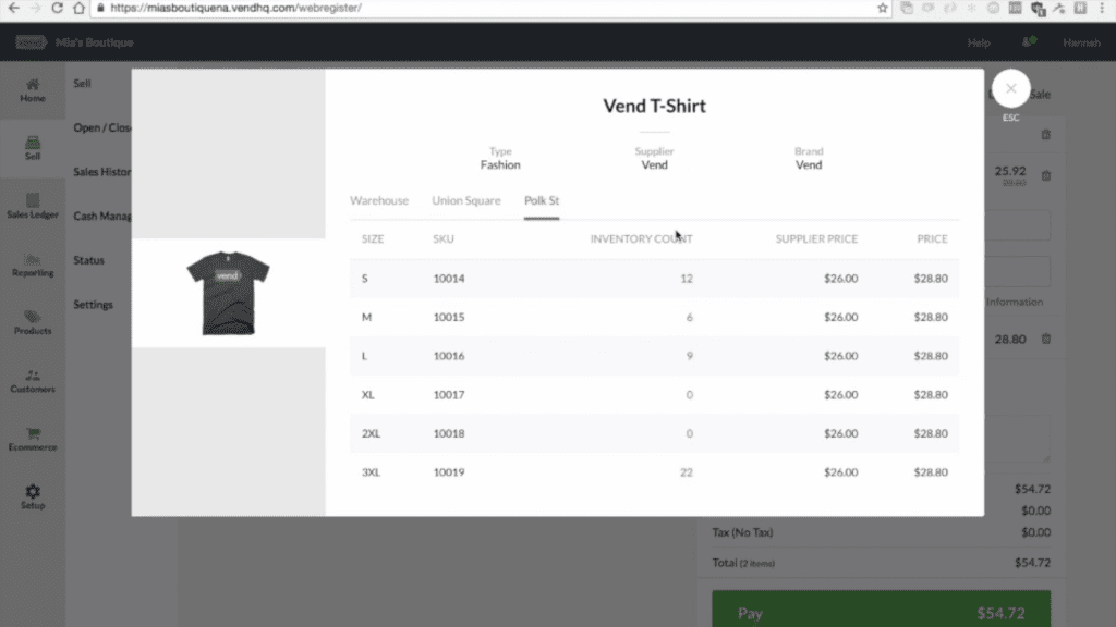 Vend product interface