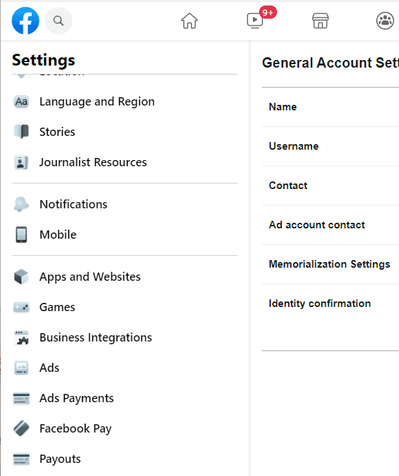 Screengrab of Facebook settings options